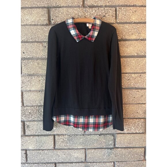 J.Crew Womens Black Sweater With Red/Blue Plaid Collar & Hem Size M 100% Cotton - Picture 1 of 9